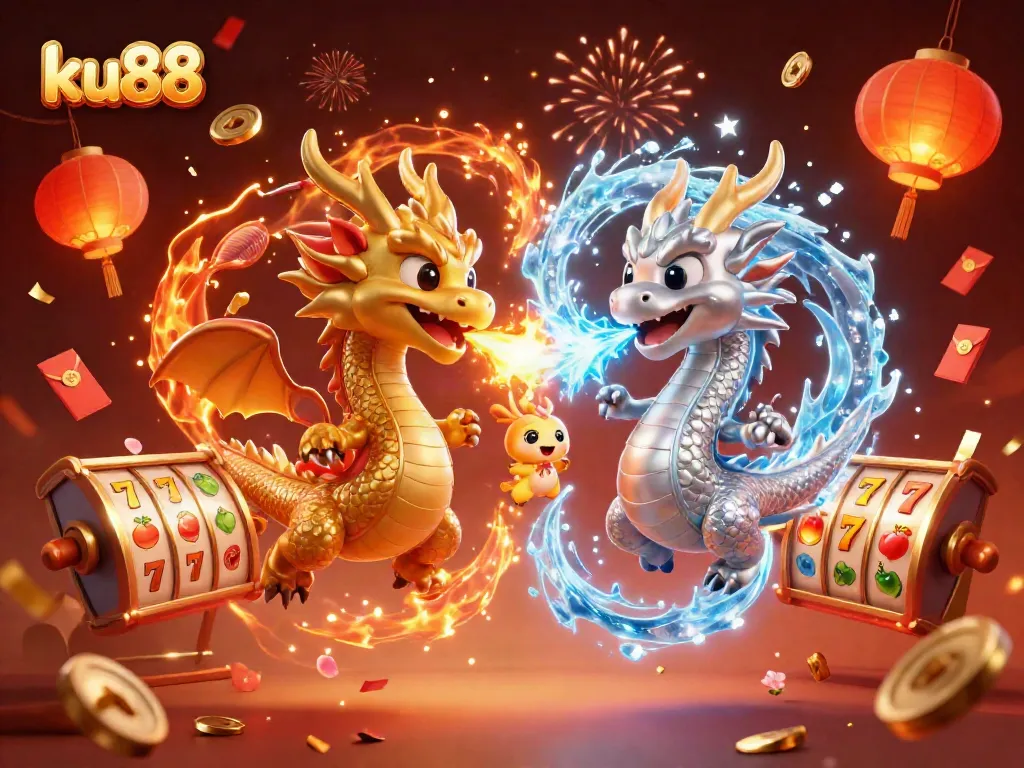 Engage with ku88's vibrant casino atmosphere, featuring thrilling dragons amidst slot reels and festive elements.