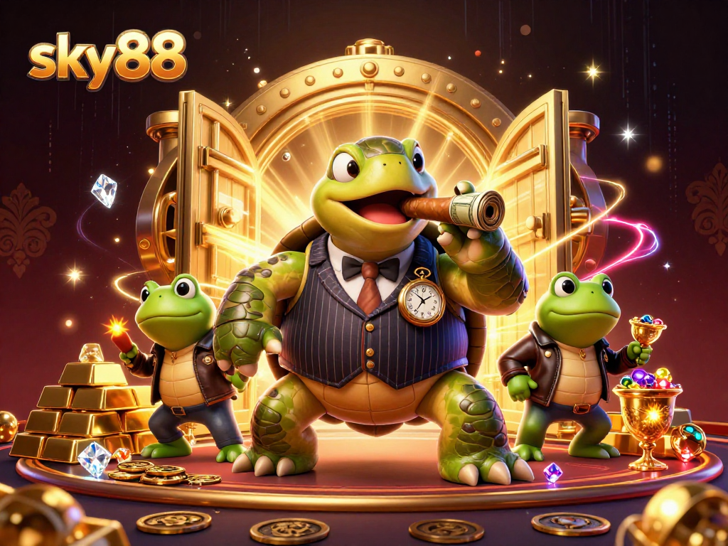Engage the excitement at sky88 with a vibrant casino scene featuring cartoon characters and treasure galore.