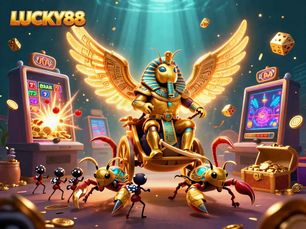 Experience exciting gameplay at LUCKY88 with dynamic 3D elements showcasing a casino theme and vibrant action.
