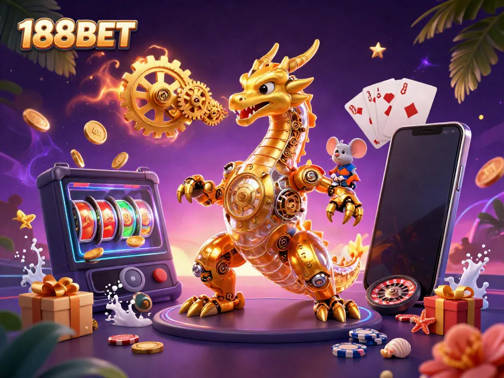 Experience thrilling gaming with 188BET's golden dragon breathing gears and cogs amidst vibrant casino elements.