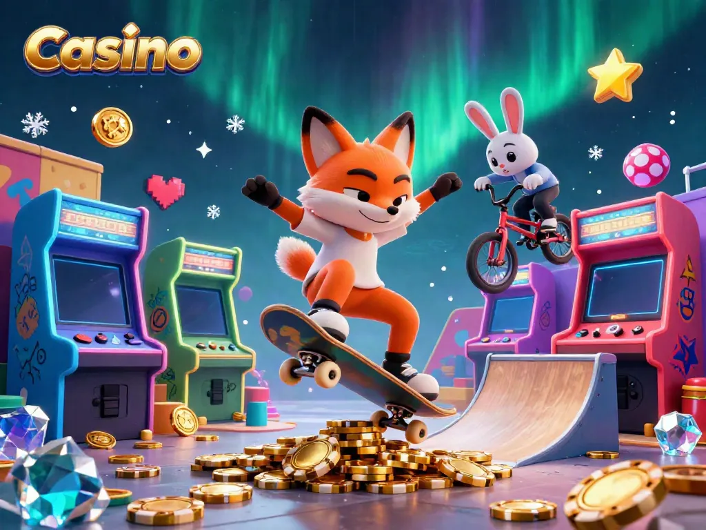 Experience the vibrant energy of Casino with a skateboarder fox and BMX rabbit performing tricks over golden poker chips.