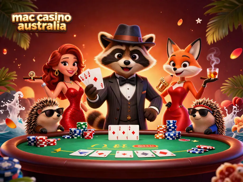 Engage in mac casino australia with a suave raccoon, stylish fox, and a bouncer at an exciting poker game.
