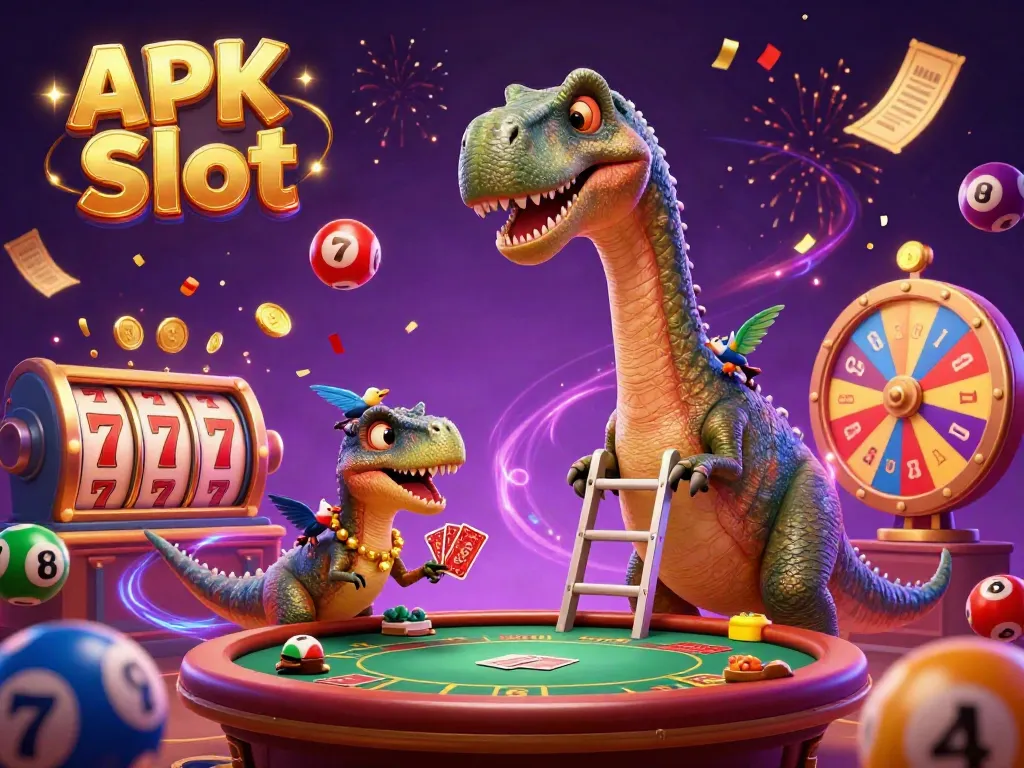 Engage in APK Slot excitement as a cartoon brontosaurus watches a clever raptor deal cards amidst casino symbols.