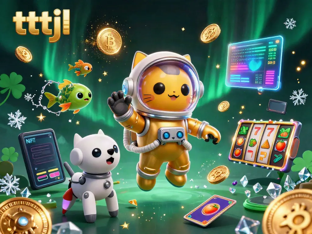 Experience thrilling gaming action with tttjl's cat astronaut and slot elements in a vibrant digital space.