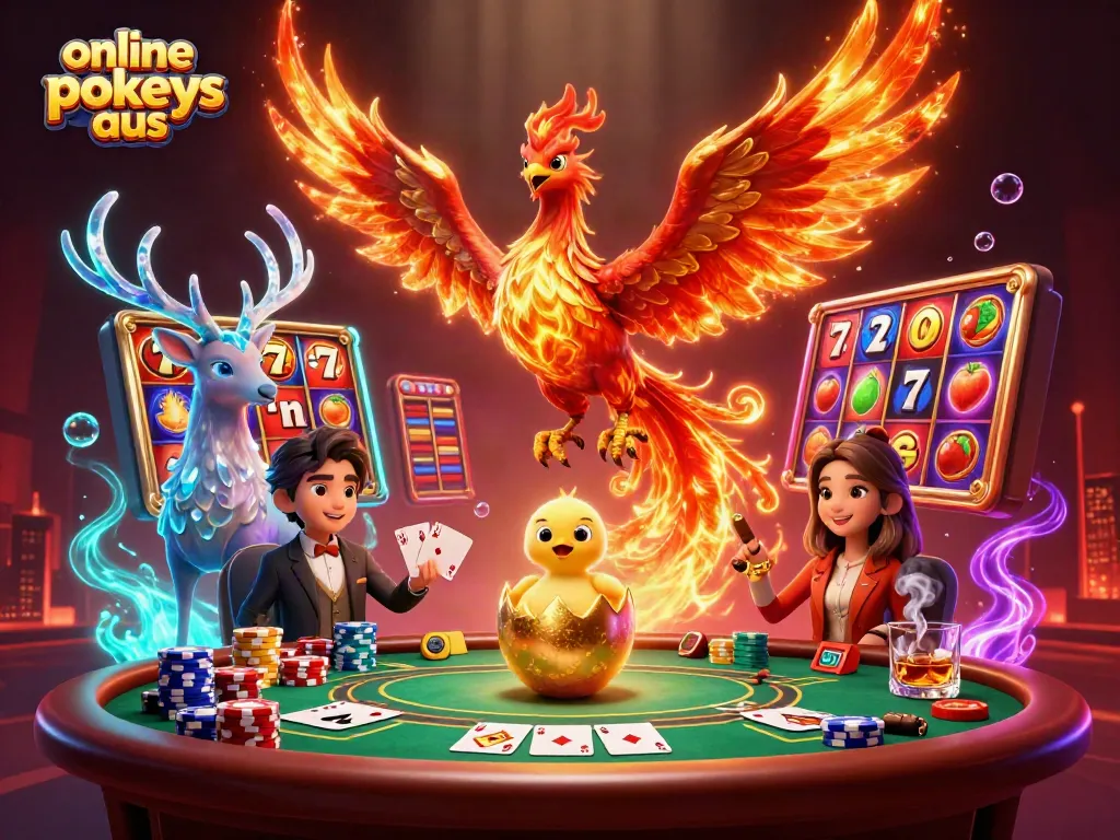 Engage with online pokies aus in a vibrant 3D scene showcasing slot reels and casino elements.