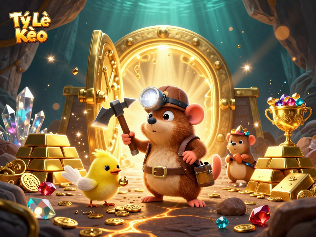 Tỷ Lệ Kèo showcases a treasure hunter mole in a casino-themed underground scene filled with gems and gold.