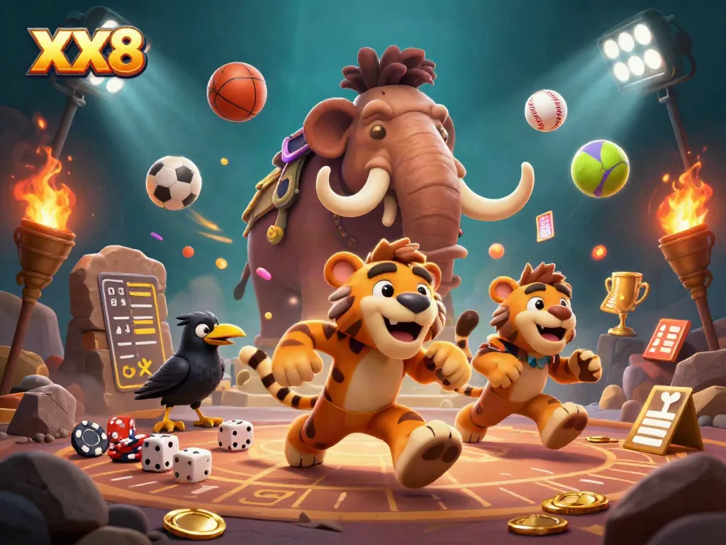 Experience thrilling gameplay at XX8 with a cartoon caveman and sabertooth in a lively casino scene.
