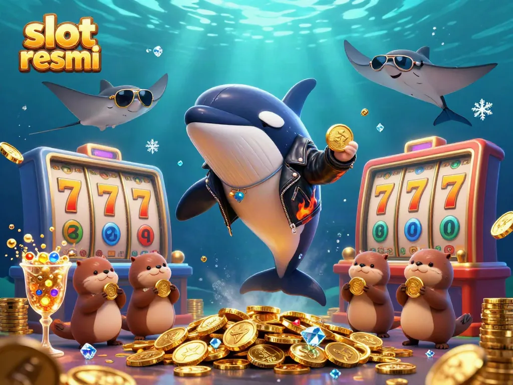 Join the excitement of slot resmi with a vibrant orca, stingray, and otters in a dynamic casino scene.