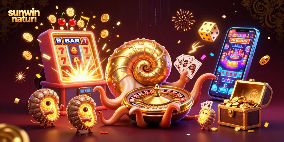 Play exciting games with sunwin naturi in this vibrant casino-themed illustration.