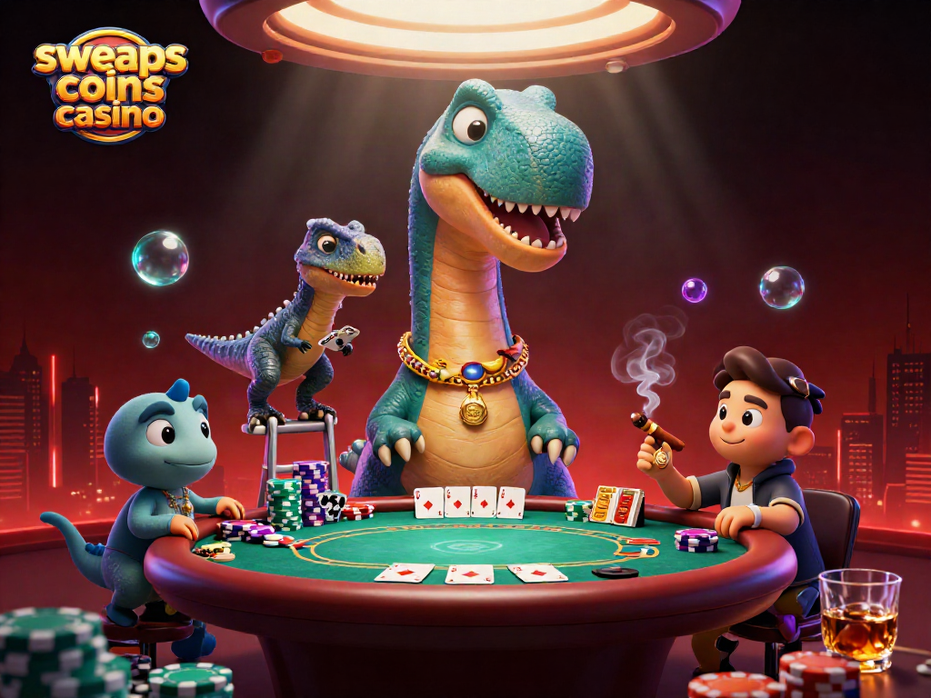 Experience the excitement of sweeps coins casino with vibrant poker action featuring a giant brontosaurus.