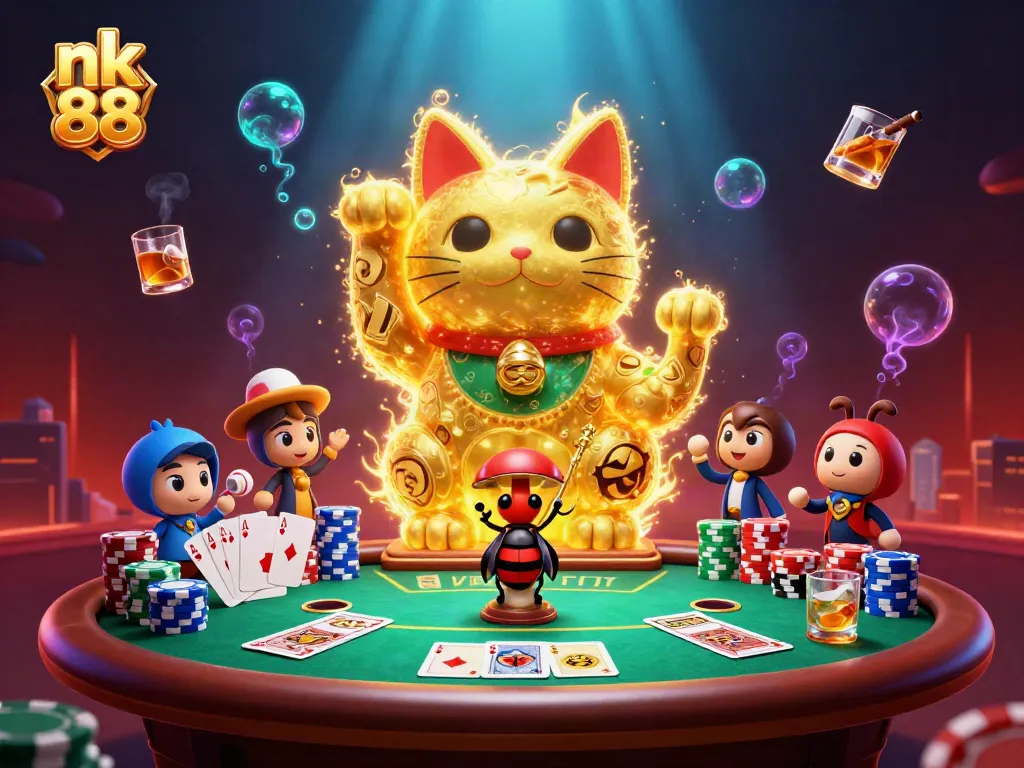 Engage in thrilling gaming experiences at nk 88, featuring vibrant casino symbols and a lucky cat.