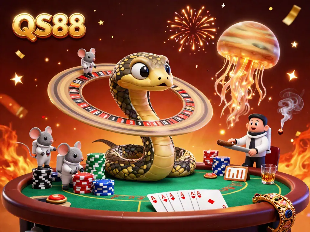 Experience the thrilling QS88 casino scene with astronaut mice betting and a cosmic dealer.