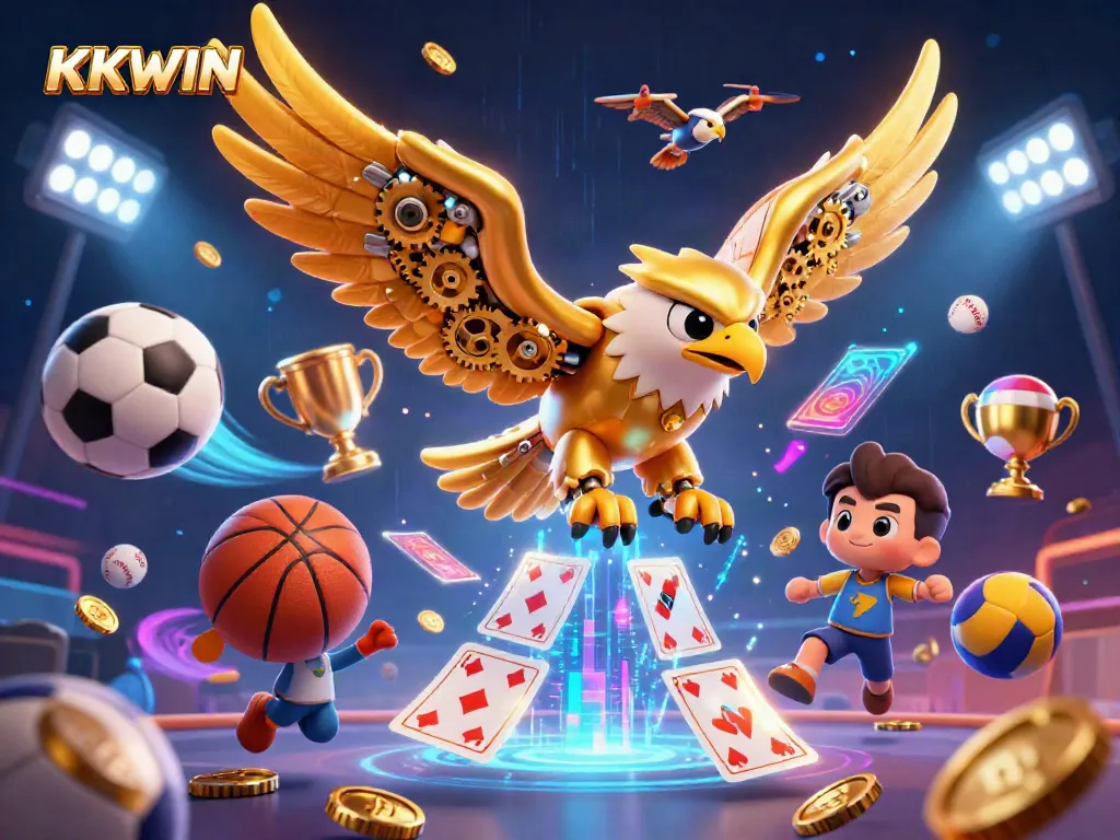 Engage with KKWIN's stunning casino ambiance featuring a golden eagle and thrilling sports action in a vibrant scene.