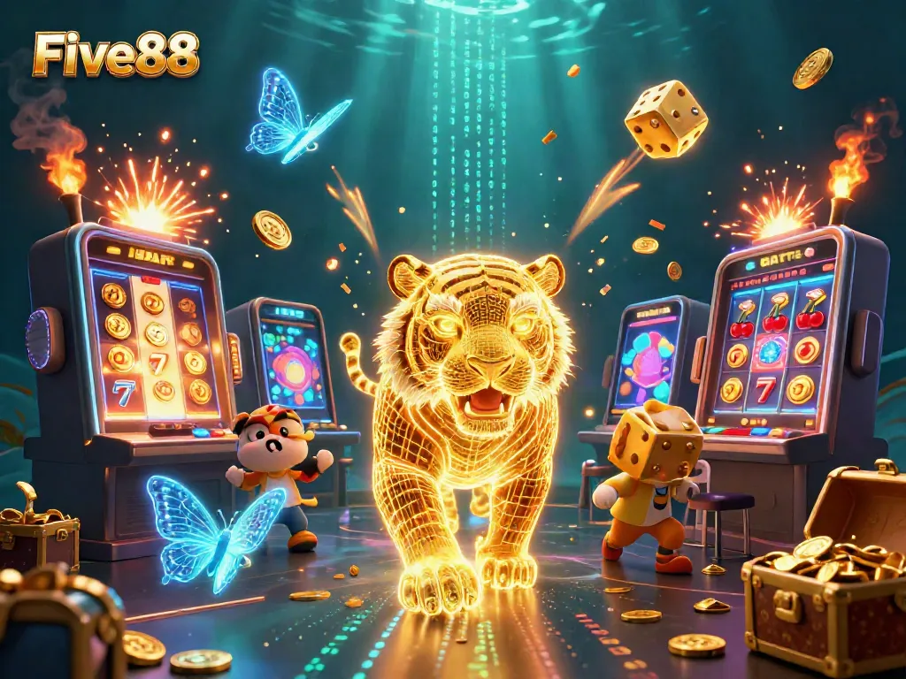 Experience the excitement of Five88 casino with a neon-wireframe tiger and dynamic slot machines.