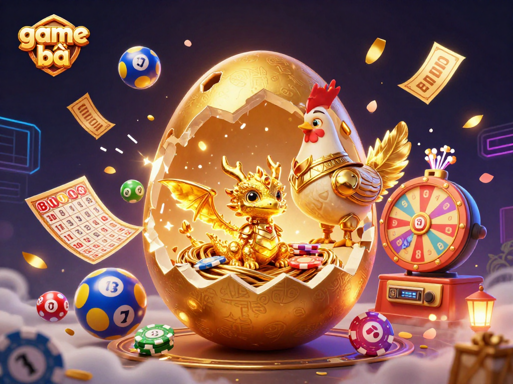 Engage in game bài excitement with a golden dragon, poker chips, and dynamic lottery elements.