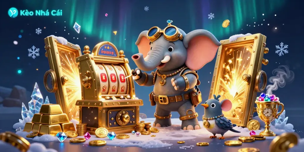 Kèo Nhà Cái showcases a steampunk elephant engineer operating a golden slot machine amidst dazzling treasure elements.