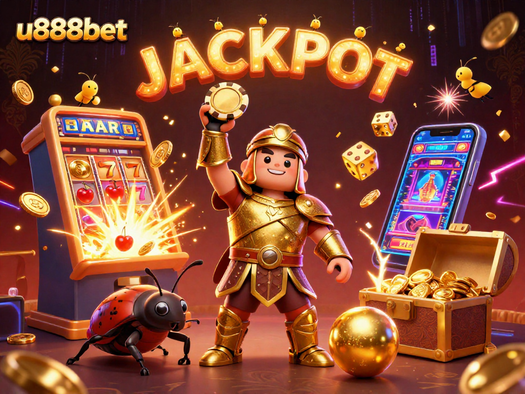 Experience the excitement at u888bet with a thrilling scene of cartoon beetles celebrating a jackpot win amidst dazzling casino elements.