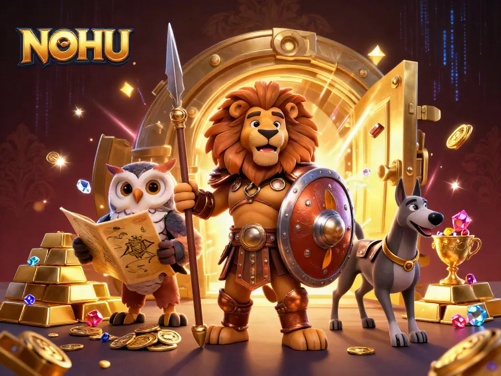 Experience the thrill of winning at NOHU with a vibrant 3D casino scene featuring a Spartan lion and golden treasures.
