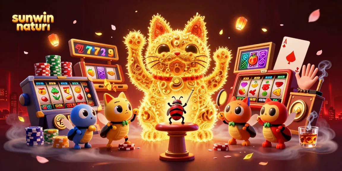 Engage with the vibrant world of sunwin naturi featuring a giant lucky cat made of golden fireflies.