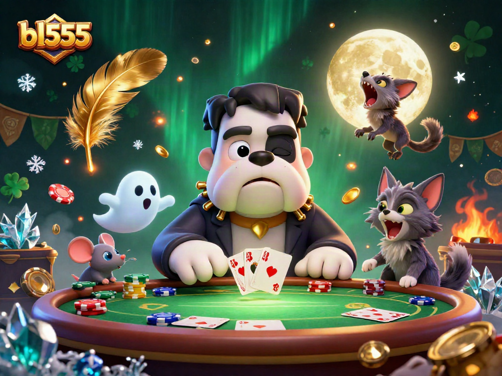Play at the bl555 casino table with a Frankenstein bulldog dealer and a ghost mouse amidst vibrant gaming details.