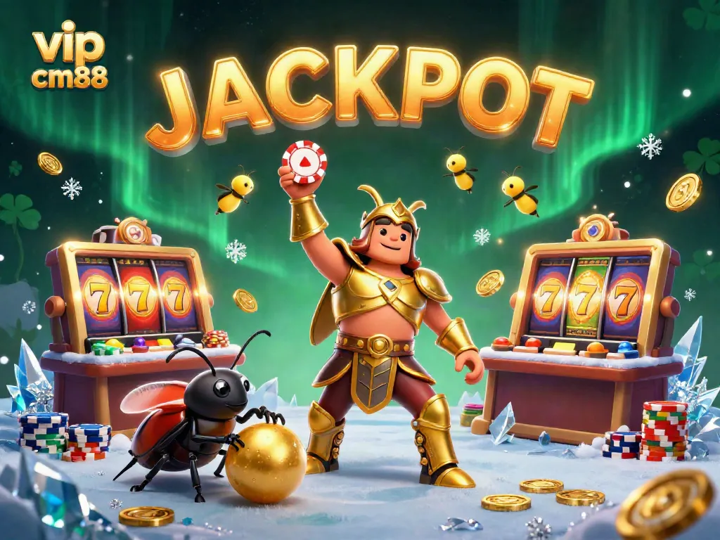 Celebrate wins with the vip cm88, featuring a heroic beetle lifting a poker chip surrounded by vibrant casino elements.