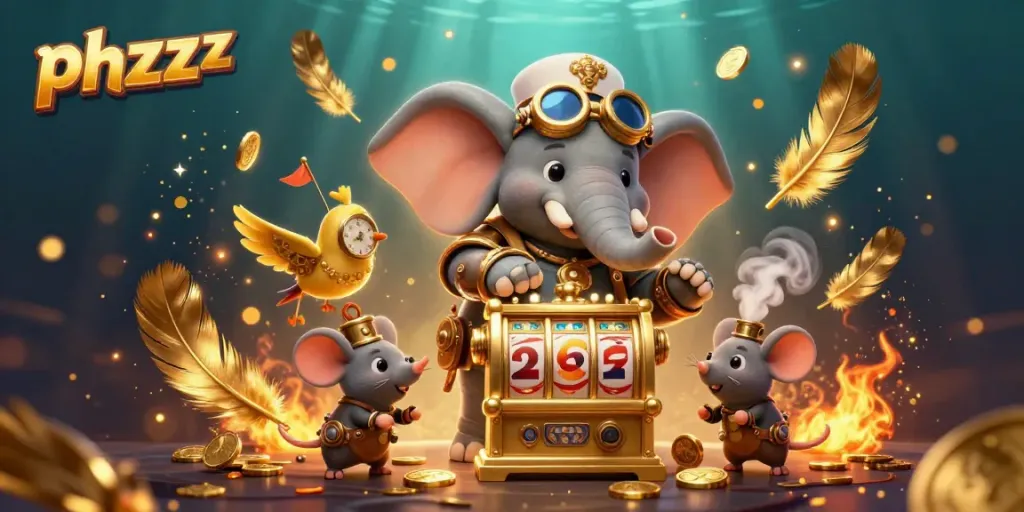 Engage with phzzz in a vibrant steampunk casino scene featuring animated characters and golden gaming elements.