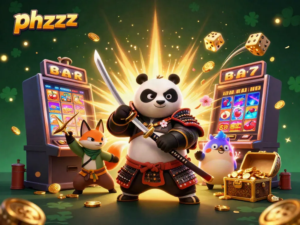 Experience the excitement of phzzz casino with a lively samurai panda, ninja fox, and magical tanuki in a vibrant illustration.