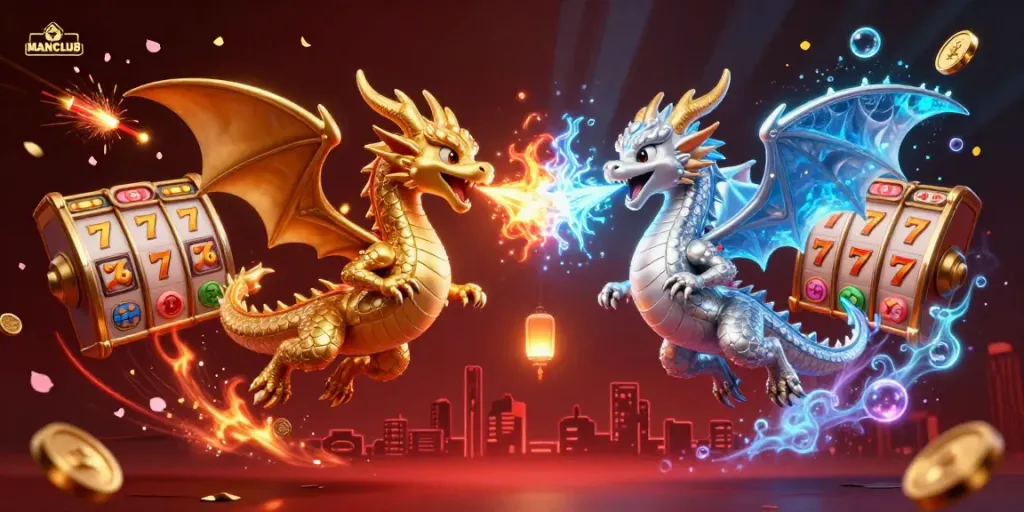 Experience thrilling spins and jackpots with MANCLUB as gold and silver dragons entwine in a vibrant casino scene.