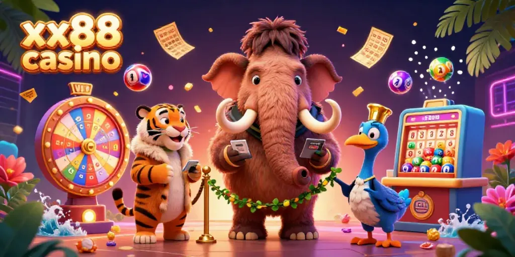 Engage with lively scenes at xx88 casino showcasing a cartoon mammoth bouncer, VIP guests, and dynamic lottery elements.