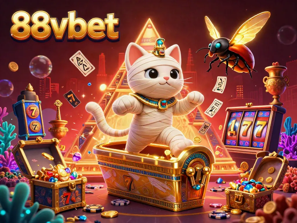 Engage in thrilling casino adventures with 88vbet in an illustrated scene featuring an Egyptian mummy cat in a vibrant pyramid casino.
