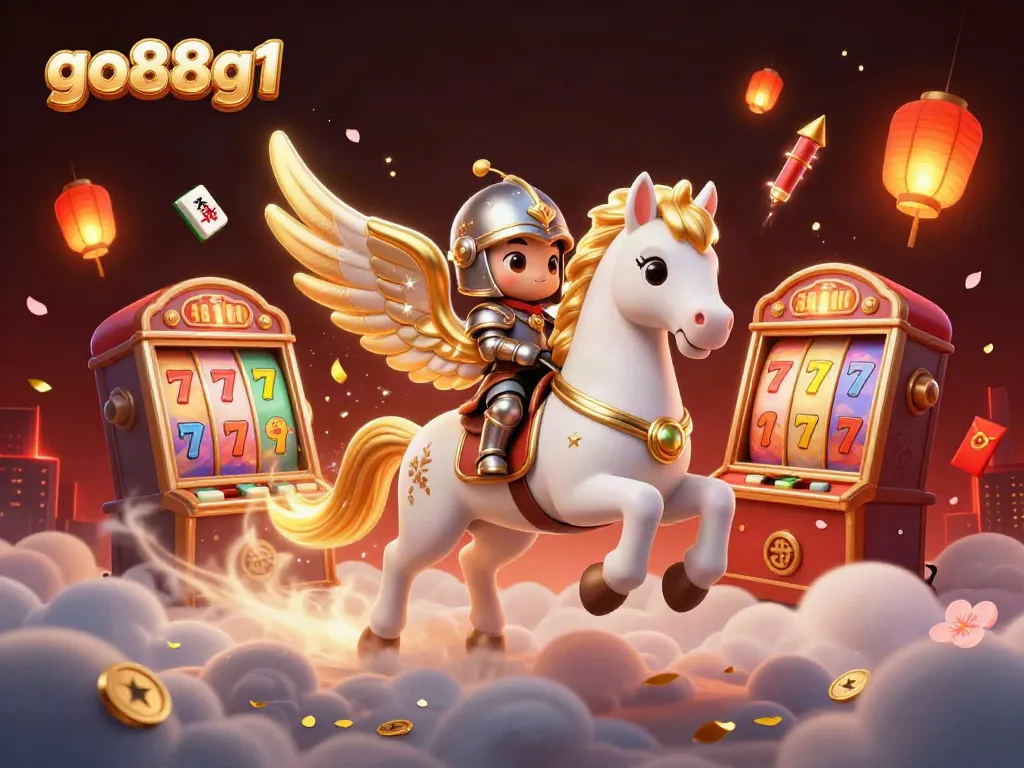 Experience thrilling online gaming with go88g1 featuring a celestial horse and colorful slots in a magical scene.