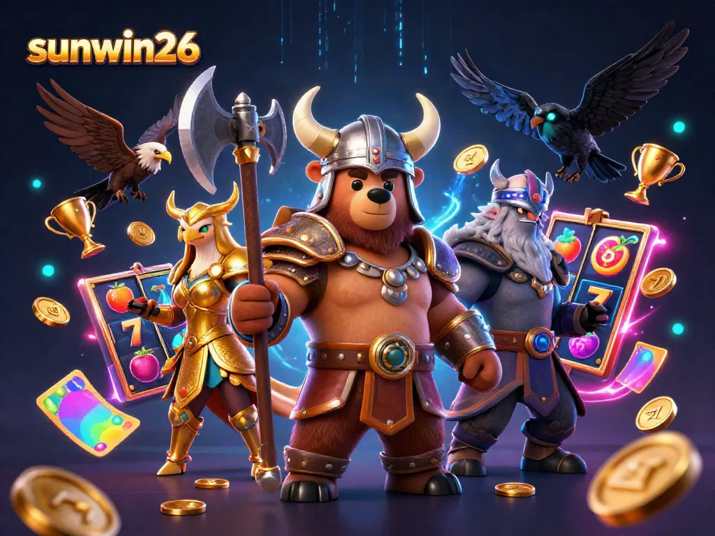Experience thrilling gameplay at sunwin26 with a vibrant 3D illustration featuring slot machines and a Viking theme.