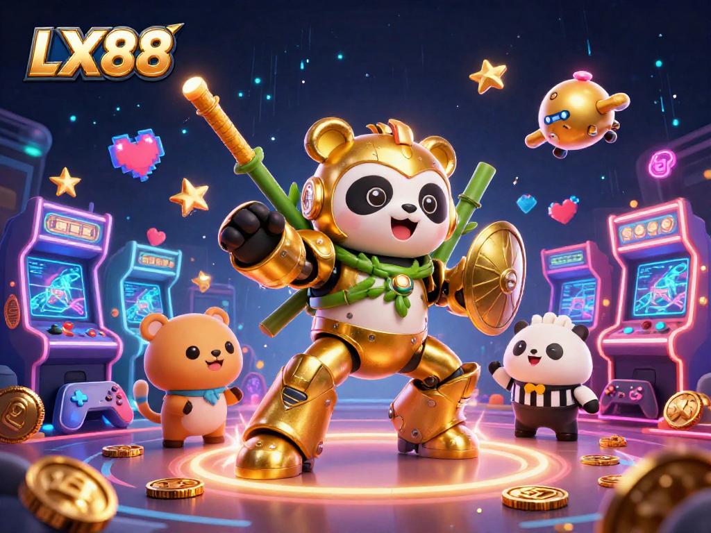 Experience the thrilling gameplay at LX88 with a vibrant 3D cartoon depiction of a panda in a mech suit amidst colorful casino elements.