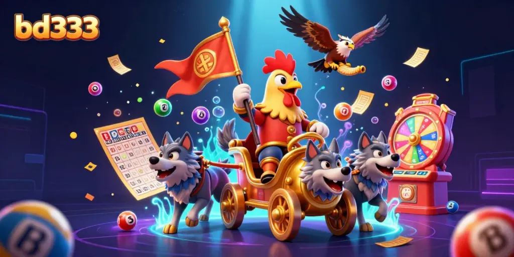 Engage with bd333's thrilling gaming experience featuring a rooster warlord and dynamic lottery elements.