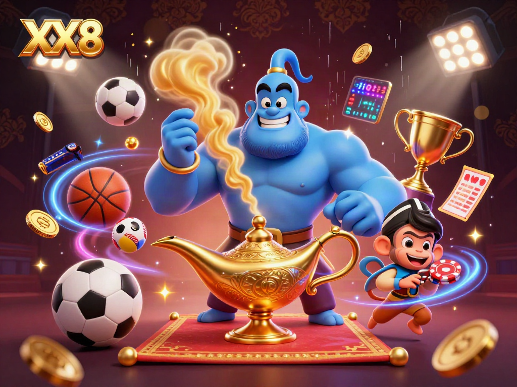 Engage in thrilling gameplay with XX8's exciting sports betting scene featuring a dynamic genie and a magic carpet.