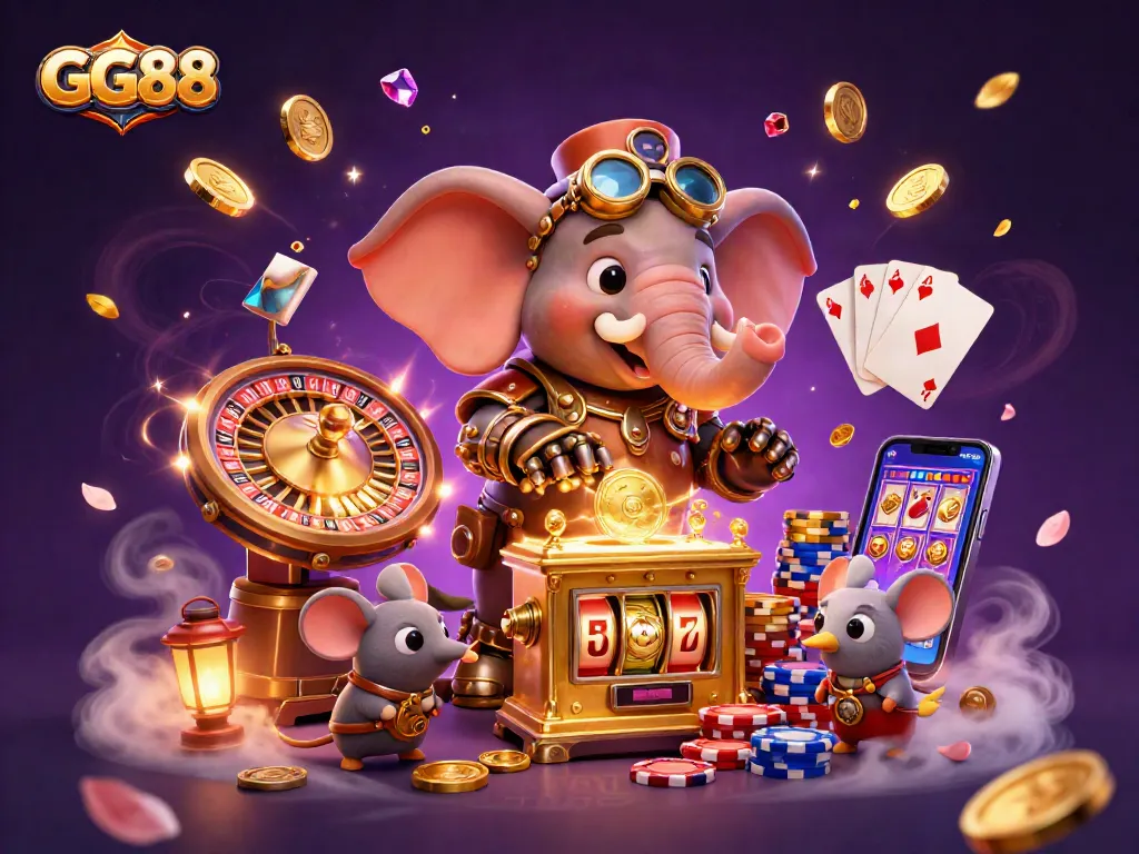 Experience exhilarating gameplay with GG88 featuring a steampunk elephant and casino elements.