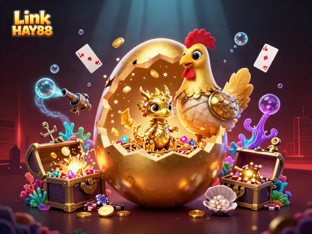 Experience the thrill of Link HAY88 with a golden dragon and poker chip nest in this vibrant casino scene.