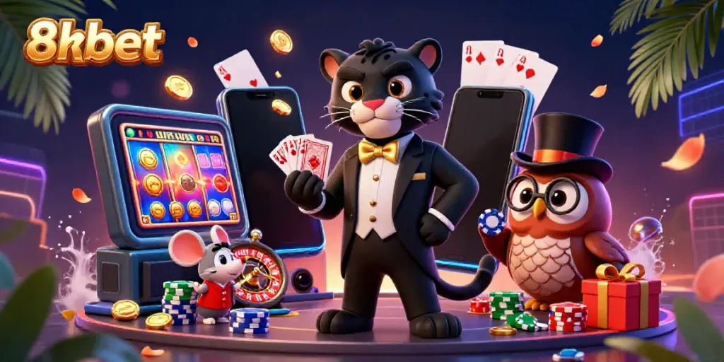 Experience the thrilling world of 8xbet with a stylish panther and friends playing cards and exploring a vibrant casino scene.
