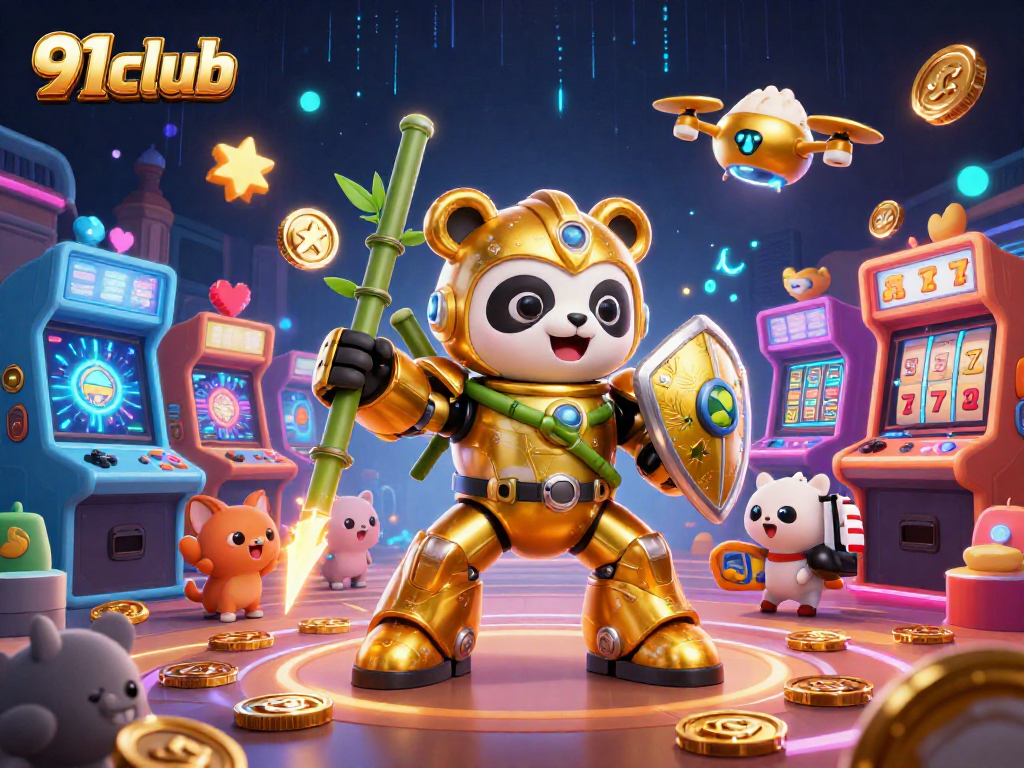 Engage with 91club’s immersive gaming experience featuring a golden panda in a dynamic casino scene.