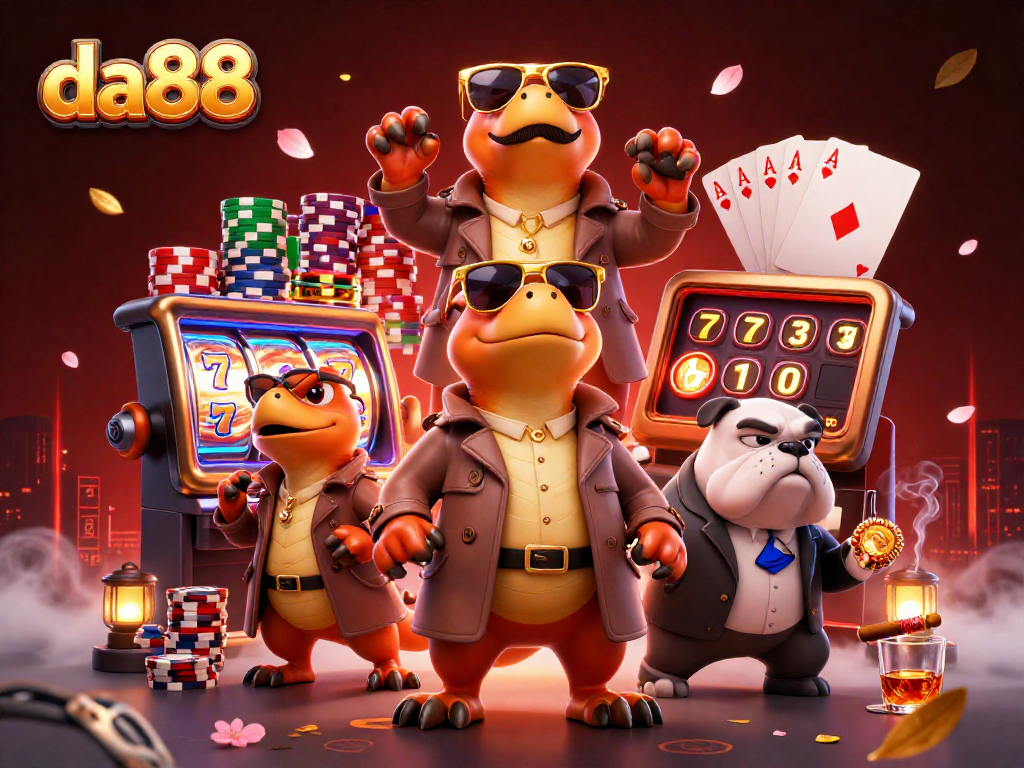 Spin the reels at da88 with playful raptors and a suspicious bouncer in a vibrant VIP casino lounge.