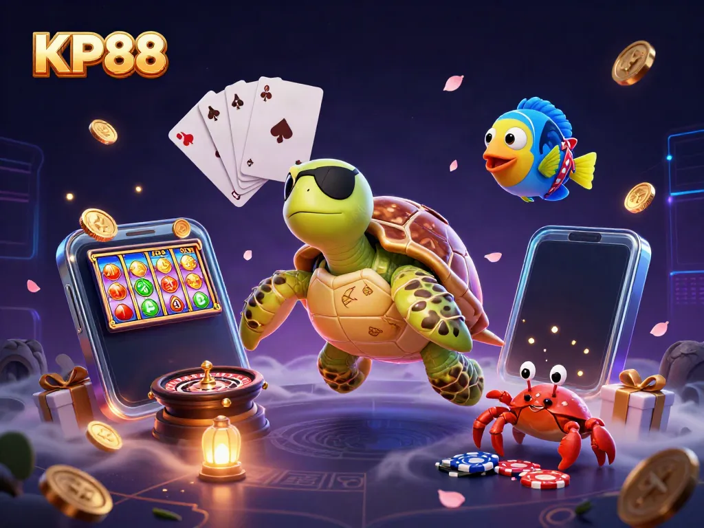 Gain excitement with KP88's vibrant gaming scene featuring animated characters and dynamic casino elements.