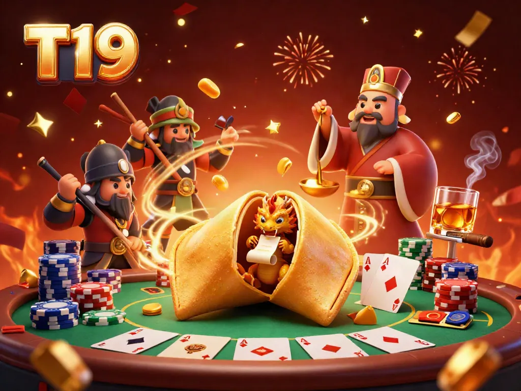 Engage in thrilling gameplay at T19, capturing poker excitement with a golden fortune cookie theme.