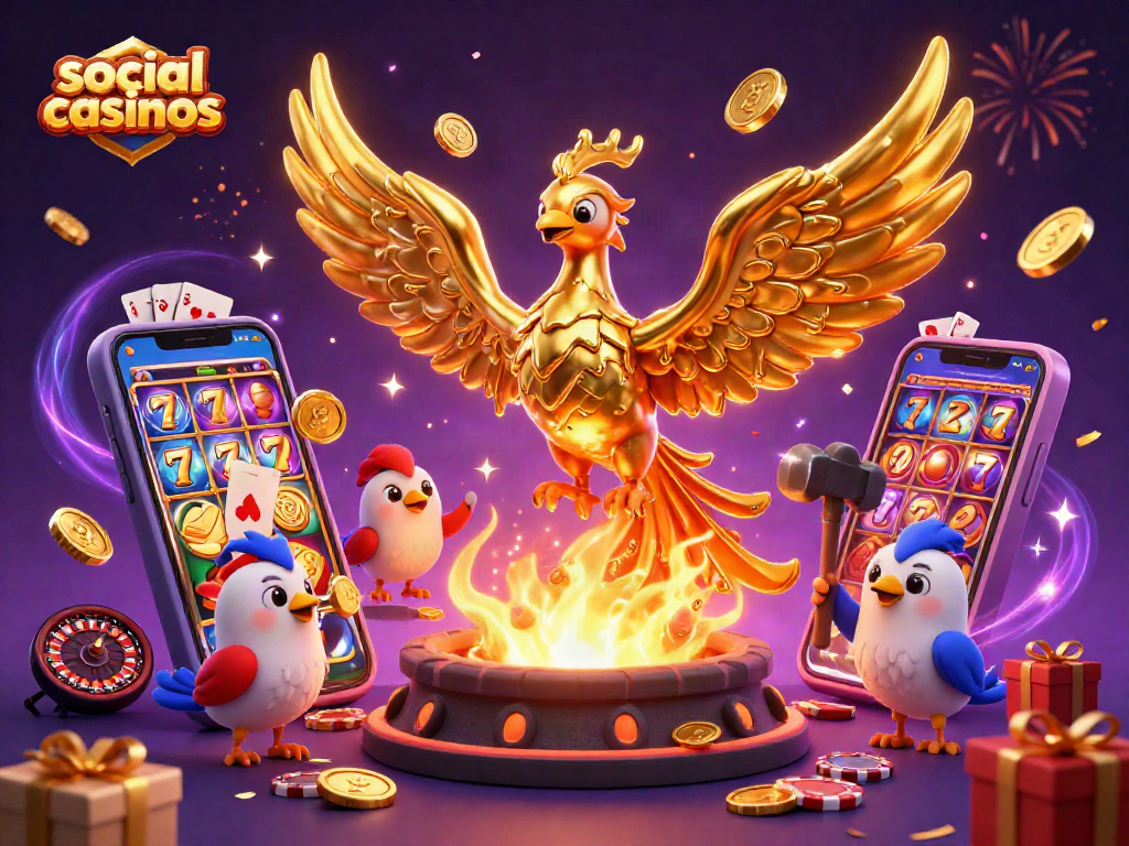 Experience social casinos with a vibrant scene featuring a golden phoenix and gaming elements.