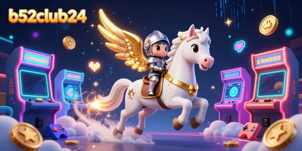 Experience the magic of b52club24 with a celestial horse and knight in a vibrant casino scene.