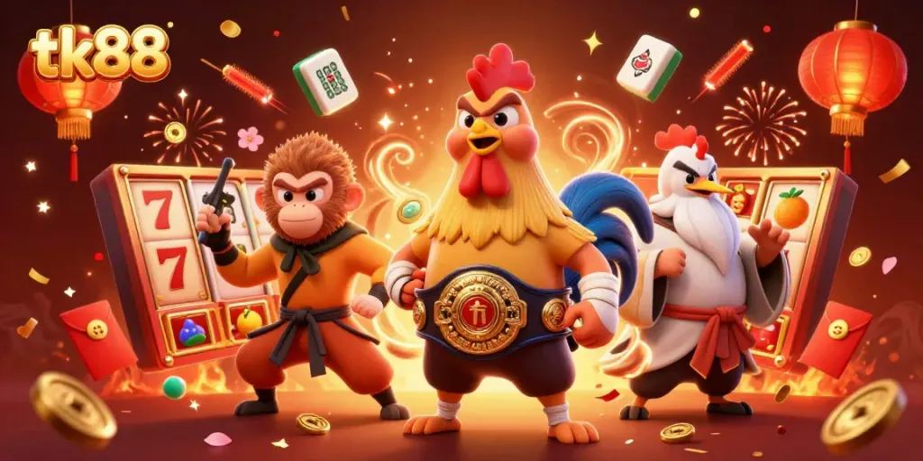 Experience the excitement of tk88 with vibrant casino elements and dynamic characters in a rich 3D illustration.