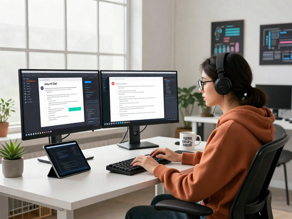 Engaging scene of a developer using juicy ai chat in a modern tech workspace, showcasing multiple monitors and vibrant office decor.