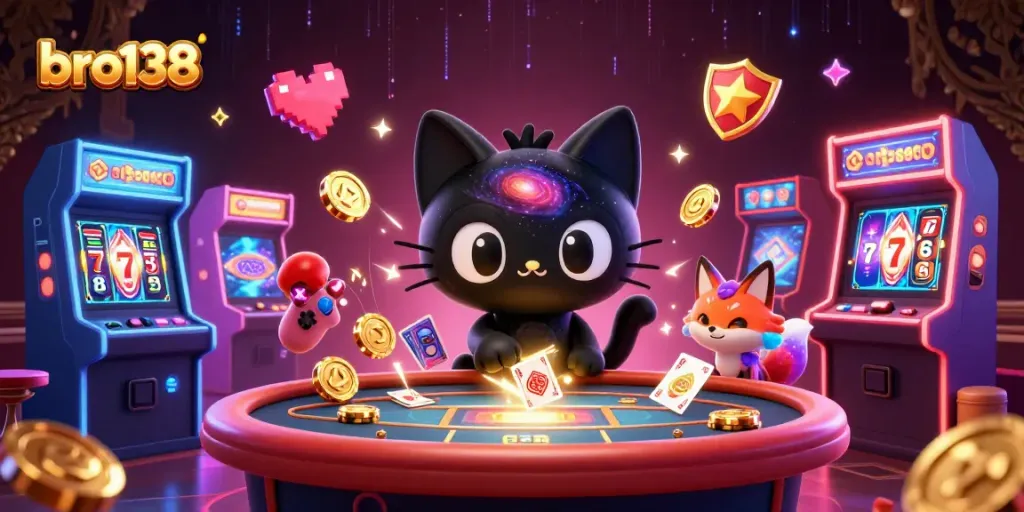 Experience thrilling gameplay with bro138's cosmic casino featuring a black hole cat and colorful fox.