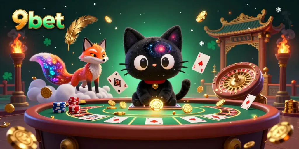 9bet's captivating cosmic casino scene featuring a black hole cat and nebula fox surrounded by golden chips.