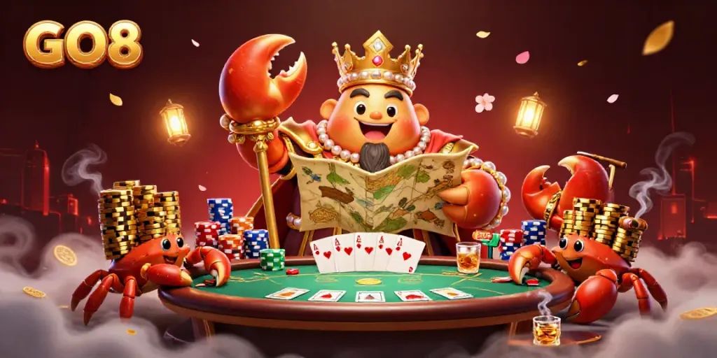 GO8 casino illustration featuring a golden crab emperor amidst vibrant poker elements and rich details.