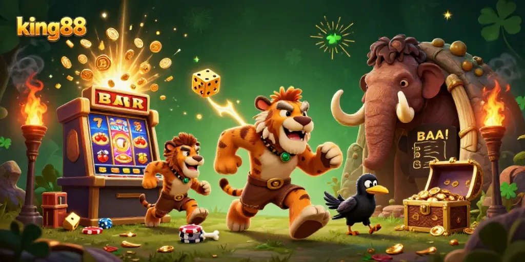 Engage in thrilling gameplay with king88 at this vibrant prehistoric casino scene featuring exciting jackpots.
